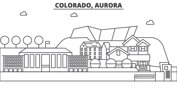 Иллюстрация линии горизонта архитектуры Колорадо, Аврора. Линейный вектор города с известными достопримечательностями, городскими достопримечательностями, дизайнерскими решениями. Ландшафт с редактируемыми штрихами — стоковый вектор