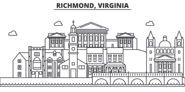Richmond, Virginia architektura linie Panorama ilustrace. Lineární vektorové panoráma s slavných památek, pamětihodností města, ikony designu. Krajina s upravitelnou tahy — Stockový vektor