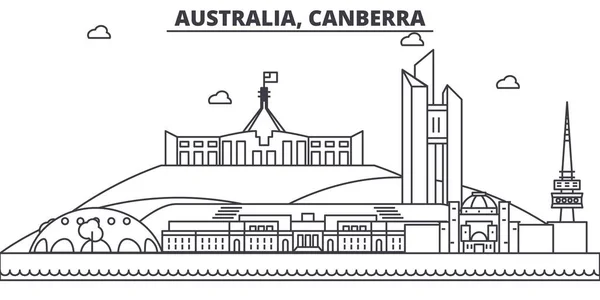 オーストラリア、キャンベラ建築線スカイラインの図。有名なランドマーク、観光、デザイン アイコンと線形ベクトル街並み。編集可能なストロークのある風景します。 — ストックベクタ