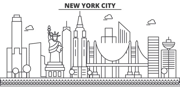 New York, New York City architektura linie Panorama ilustrace. Lineární vektorové panoráma s slavných památek, pamětihodností města, ikony designu. Krajina s upravitelnou tahy — Stockový vektor