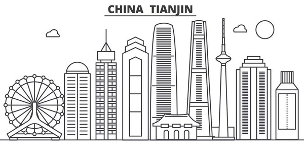 China, Tianjin arquitectura línea skyline ilustración. Paisaje urbano vector lineal con monumentos famosos, lugares de interés de la ciudad, iconos de diseño. Paisaje con trazos editables — Vector de stock