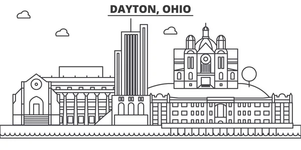 Dayton, Ohio línea de arquitectura skyline ilustración. Paisaje urbano vector lineal con monumentos famosos, lugares de interés de la ciudad, iconos de diseño. Paisaje con trazos editables — Vector de stock