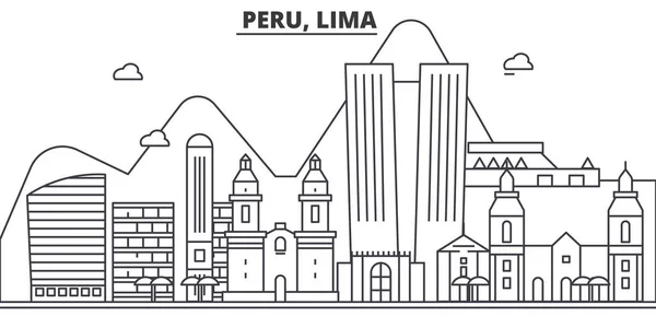 Peru, Lima építészet vonal városkép illusztráció. Lineáris vektor városkép híres tereptárgyak, a város nevezetességeit, a design ikonok. Szerkeszthető vonásokkal táj — Stock Vector