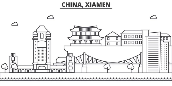 中国、厦門建築線スカイラインの図。有名なランドマーク、観光、デザイン アイコンと線形ベクトル街並み。編集可能なストロークのある風景します。 — ストックベクタ