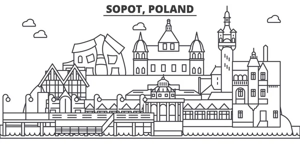 Польша, сопотская архитектурная линия, иллюстрация горизонта. Линейный вектор города с известными достопримечательностями, городскими достопримечательностями, дизайнерскими решениями. Ландшафт с редактируемыми штрихами — стоковый вектор
