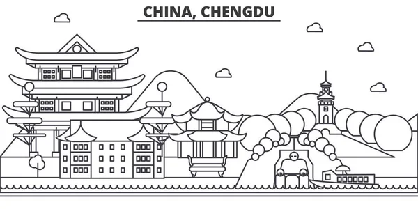 中国、成都建築線スカイラインの図。有名なランドマーク、観光、デザイン アイコンと線形ベクトル街並み。編集可能なストロークのある風景します。 — ストックベクタ