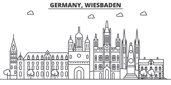 Alemania, Wiesbaden arquitectura línea skyline ilustración. Paisaje urbano vector lineal con monumentos famosos, lugares de interés de la ciudad, iconos de diseño. Paisaje con trazos editables — Vector de stock