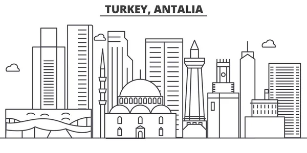 Турция, Анталия архитектурная линия горизонта иллюстрации. Линейный вектор города с известными достопримечательностями, городскими достопримечательностями, дизайнерскими решениями. Ландшафт с редактируемыми штрихами — стоковый вектор