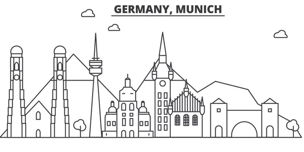 Alemania, línea de arquitectura de Munich skyline ilustración. Paisaje urbano vector lineal con monumentos famosos, lugares de interés de la ciudad, iconos de diseño. Paisaje con trazos editables — Archivo Imágenes Vectoriales