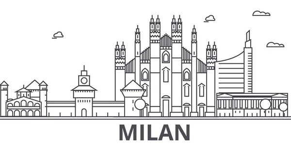 Illustration de la ligne d'architecture de Milan. Paysage urbain vectoriel linéaire avec des monuments célèbres, des sites de la ville, des icônes de design. Paysage wtih coups modifiables — Image vectorielle