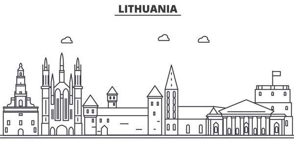 Litvánia építészet vonal városkép illusztráció. Lineáris vektor városkép híres tereptárgyak, a város nevezetességeit, a design ikonok. Szerkeszthető vonásokkal táj — Stock Vector