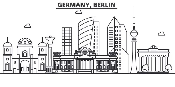 Alemania, línea de arquitectura de Berlín skyline ilustración. Paisaje urbano vector lineal con monumentos famosos, lugares de interés de la ciudad, iconos de diseño. Paisaje con trazos editables — Vector de stock