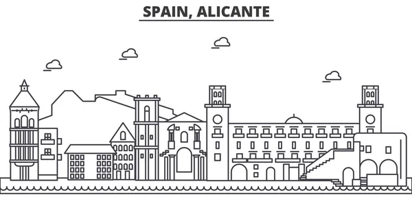 Espanha, Alicante arquitetura linha skyline ilustração. Cityscape vector linear com marcos famosos, pontos turísticos da cidade, ícones de design. Paisagem wtih traços editáveis —  Vetores de Stock