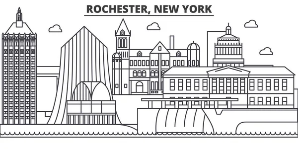 Rochester, Nueva York línea de arquitectura skyline ilustración. Paisaje urbano vector lineal con monumentos famosos, lugares de interés de la ciudad, iconos de diseño. Paisaje con trazos editables — Vector de stock