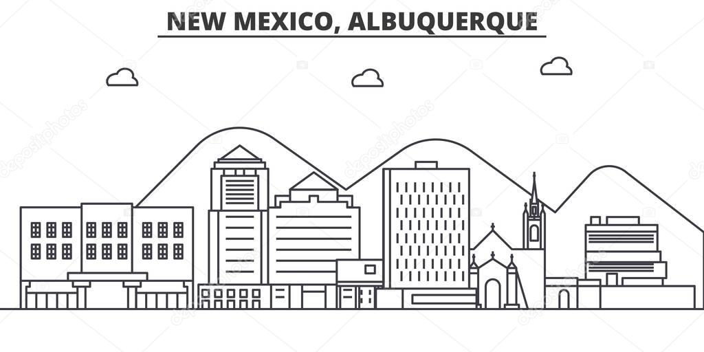 New Mexico Albuquerque architecture line skyline illustration. Linear vector cityscape with famous landmarks, city sights, design icons. Landscape wtih editable strokes