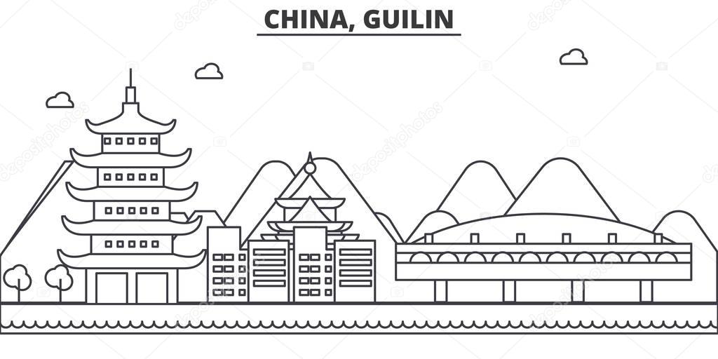 China, Gulin architecture line skyline illustration. Linear vector cityscape with famous landmarks, city sights, design icons. Landscape wtih editable strokes