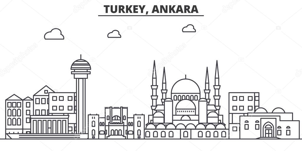 Turkey, Ankara architecture line skyline illustration. Linear vector cityscape with famous landmarks, city sights, design icons. Landscape wtih editable strokes
