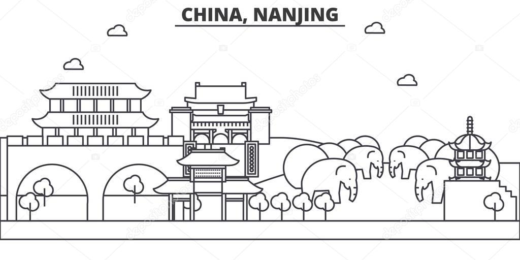 China, Nanjing architecture line skyline illustration. Linear vector cityscape with famous landmarks, city sights, design icons. Landscape wtih editable strokes