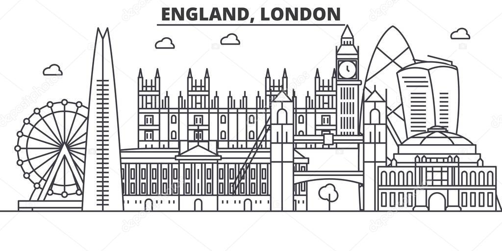 England, London architecture line skyline illustration. Linear vector cityscape with famous landmarks, city sights, design icons. Landscape wtih editable strokes