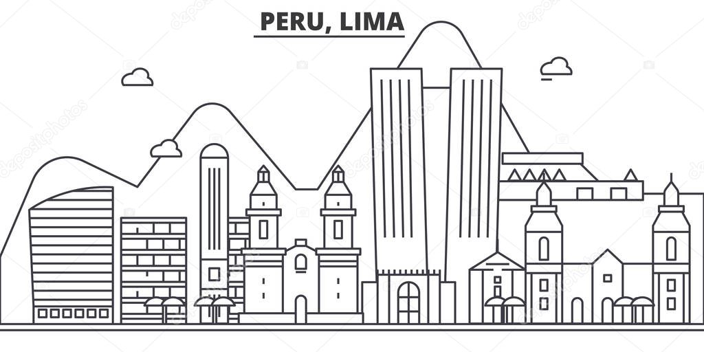 Peru, Lima architecture line skyline illustration. Linear vector cityscape with famous landmarks, city sights, design icons. Landscape wtih editable strokes