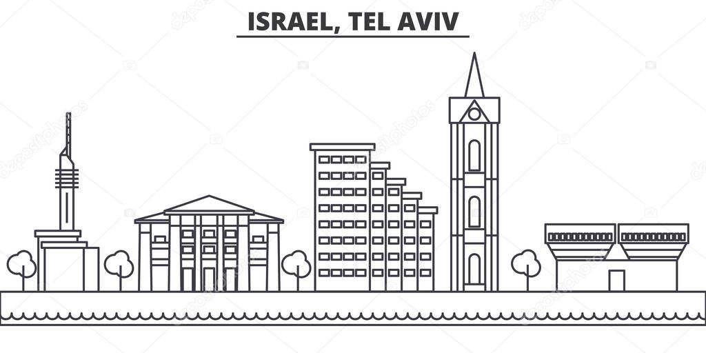 Istael, Tel Aviv architecture line skyline illustration. Linear vector cityscape with famous landmarks, city sights, design icons. Landscape wtih editable strokes