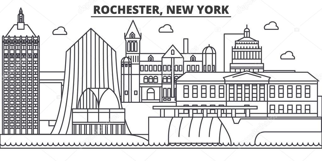 Rochester, New York architecture line skyline illustration. Linear vector cityscape with famous landmarks, city sights, design icons. Landscape wtih editable strokes