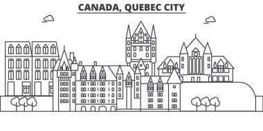 Kanada, Quebec City mimari satır manzarası illüstrasyon. Doğrusal vektör cityscape ünlü simge, şehir manzaraları, tasarım simgeler. Düzenlenebilir darbeleri ile manzara