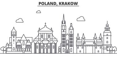 Polonya, Krakow mimari satır manzarası illüstrasyon. Doğrusal vektör cityscape ünlü simge, şehir manzaraları, tasarım simgeler. Düzenlenebilir darbeleri ile manzara