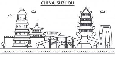 Çin, Suzhou mimari satır manzarası illüstrasyon. Doğrusal vektör cityscape ünlü simge, şehir manzaraları, tasarım simgeler. Düzenlenebilir darbeleri ile manzara