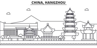 Çin, Hangzhou mimari satır manzarası illüstrasyon. Doğrusal vektör cityscape ünlü simge, şehir manzaraları, tasarım simgeler. Düzenlenebilir darbeleri ile manzara
