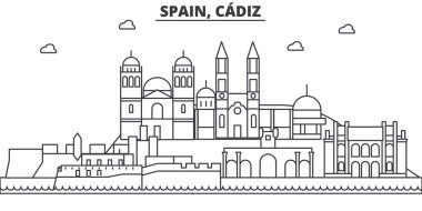 İspanya, Cadiz mimari satır manzarası illüstrasyon. Doğrusal vektör cityscape ünlü simge, şehir manzaraları, tasarım simgeler. Düzenlenebilir darbeleri ile manzara