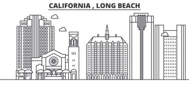 California Long Beach mimari satır manzarası illüstrasyon. Doğrusal vektör cityscape ünlü simge, şehir manzaraları, tasarım simgeler. Düzenlenebilir darbeleri ile manzara