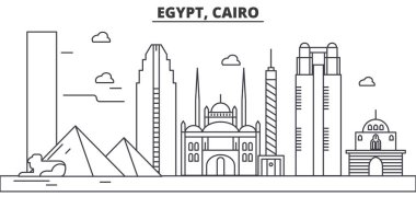 Mısır, Cairo mimari satır manzarası illüstrasyon. Doğrusal vektör cityscape ünlü simge, şehir manzaraları, tasarım simgeler. Düzenlenebilir darbeleri ile manzara