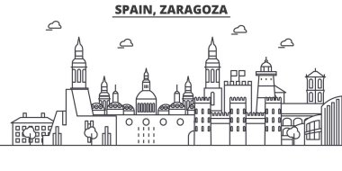 İspanya, Zaragoza mimari satır manzarası illüstrasyon. Doğrusal vektör cityscape ünlü simge, şehir manzaraları, tasarım simgeler. Düzenlenebilir darbeleri ile manzara