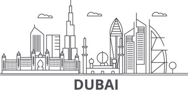 Dubai mimarisi satır manzarası illüstrasyon. Doğrusal vektör cityscape ünlü simge, şehir manzaraları, tasarım simgeler. Düzenlenebilir darbeleri ile manzara