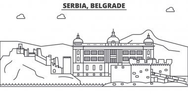 Sırbistan, Belgrad mimari satır manzarası illüstrasyon. Doğrusal vektör cityscape ünlü simge, şehir manzaraları, tasarım simgeler. Düzenlenebilir darbeleri ile manzara