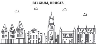 Belçika Bruges mimari satır manzarası illüstrasyon. Doğrusal vektör cityscape ünlü simge, şehir manzaraları, tasarım simgeler. Düzenlenebilir darbeleri ile manzara