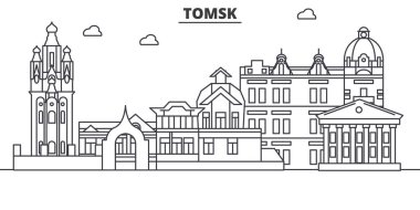 Rusya, Tomsk mimari satır manzarası illüstrasyon. Doğrusal vektör cityscape ünlü simge, şehir manzaraları, tasarım simgeler. Düzenlenebilir darbeleri ile manzara