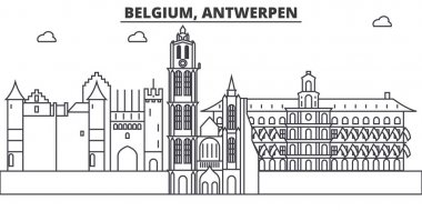 Belçika, Antwerpen mimari satır manzarası illüstrasyon. Doğrusal vektör cityscape ünlü simge, şehir manzaraları, tasarım simgeler. Düzenlenebilir darbeleri ile manzara