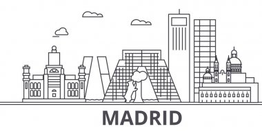 Madrid mimari satır manzarası illüstrasyon. Doğrusal vektör cityscape ünlü simge, şehir manzaraları, tasarım simgeler. Düzenlenebilir darbeleri ile manzara