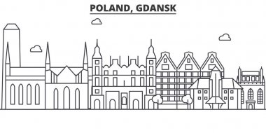 Polonya, Gdansk mimari satır manzarası illüstrasyon. Doğrusal vektör cityscape ünlü simge, şehir manzaraları, tasarım simgeler. Düzenlenebilir darbeleri ile manzara