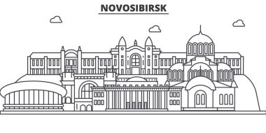 Rusya, Novosibirsk mimari satır manzarası illüstrasyon. Doğrusal vektör cityscape ünlü simge, şehir manzaraları, tasarım simgeler. Düzenlenebilir darbeleri ile manzara