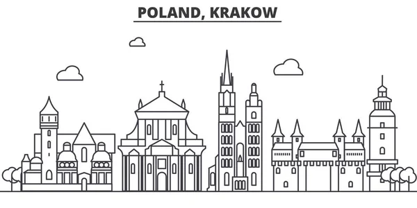 ポーランド、クラクフ建築線スカイラインの図。有名なランドマーク、観光、デザイン アイコンと線形ベクトル街並み。編集可能なストロークのある風景します。 — ストックベクタ