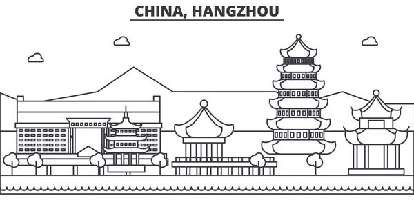 China, Hangzhou architecture line skyline illustration. Linear vector cityscape with famous landmarks, city sights, design icons. Landscape wtih editable strokes