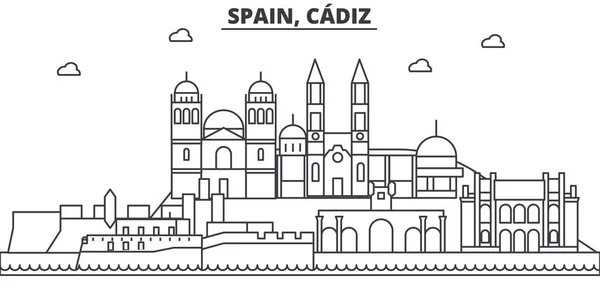 西班牙加的斯建筑线天际线图。线性向量的景观，如著名的地标，市内的旅游景点，设计图标。景观与可编辑笔触 — 图库矢量图片