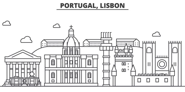 Portugal, Lisboa arquitetura linha skyline ilustração. Cityscape vector linear com marcos famosos, pontos turísticos da cidade, ícones de design. Paisagem wtih traços editáveis — Vetor de Stock