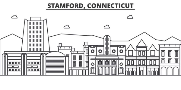 Stamford, Connecticut línea de arquitectura skyline ilustración. Paisaje urbano vector lineal con monumentos famosos, lugares de interés de la ciudad, iconos de diseño. Paisaje con trazos editables — Vector de stock