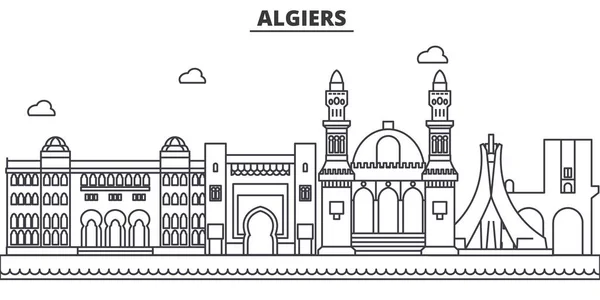 Illustration de la ligne d'architecture d'Alger. Paysage urbain vectoriel linéaire avec des monuments célèbres, des sites de la ville, des icônes de design. Paysage wtih coups modifiables — Image vectorielle