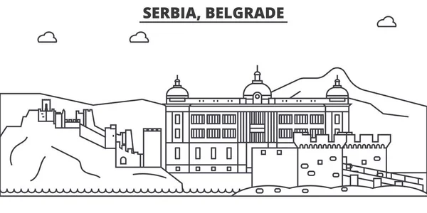 세르비아, 베오그라드 건축 선 스카이 라인 그림 유명한 랜드마크, 시티 명소와 선형 벡터 풍경 디자인 아이콘. 편집 가능한 선 프리 — 스톡 벡터