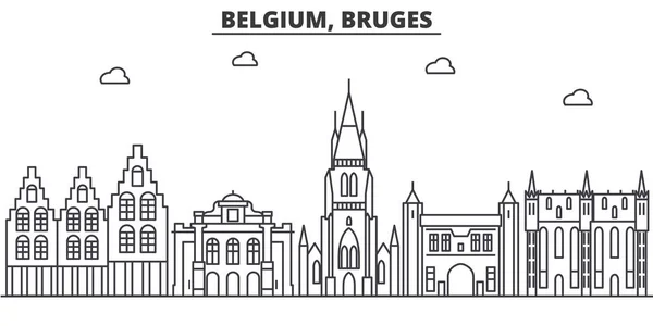 Belgio, Bruges architettura linea skyline illustrazione. Paesaggio urbano vettoriale lineare con monumenti famosi, monumenti della città, icone del design. Tracce modificabili del paesaggio wtih — Vettoriale Stock